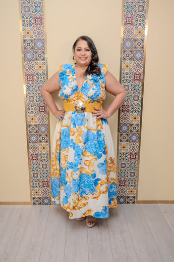 Off White/Blue Printed Midi Dress