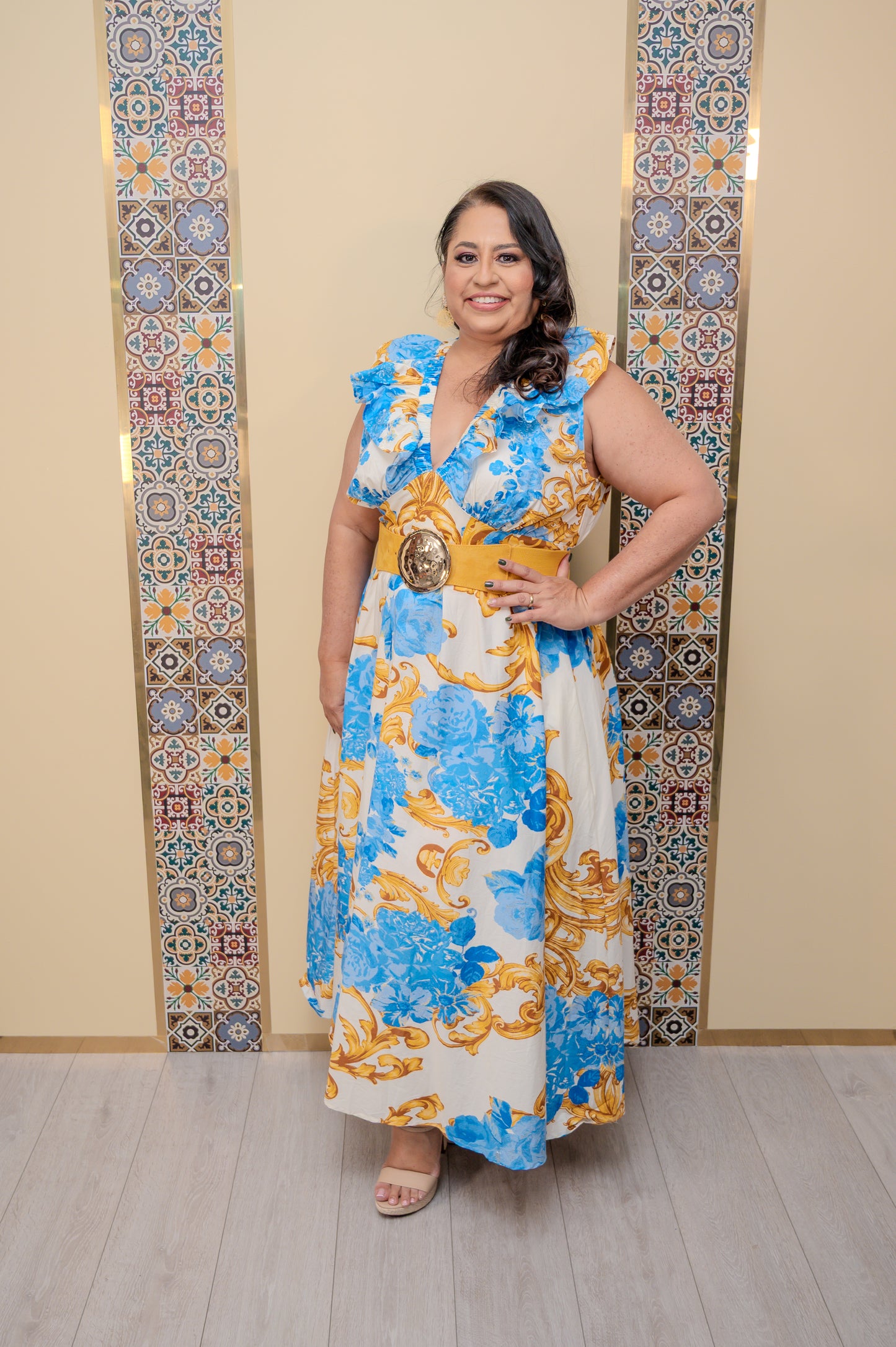 Off White/Blue Printed Midi Dress