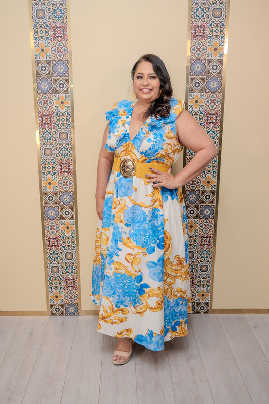 Off White/Blue Printed Midi Dress