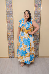 Off White/Blue Printed Midi Dress