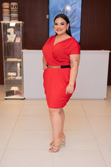 Red Short Sleeve Belted Dress