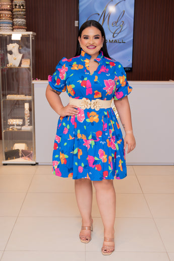 Royal Blue Floral Mini Dress with Puff Sleeves