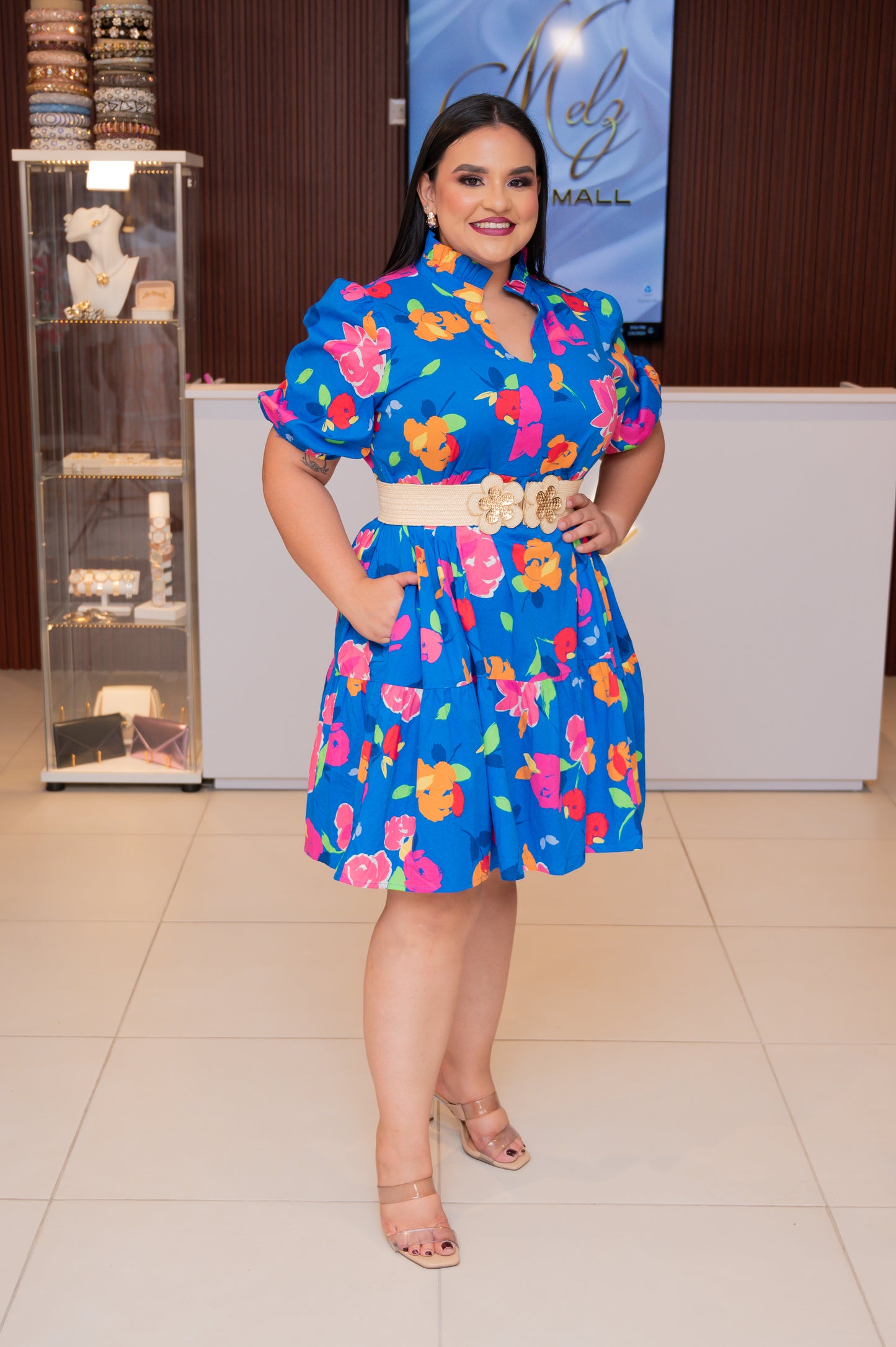 Royal Blue Floral Mini Dress with Puff Sleeves