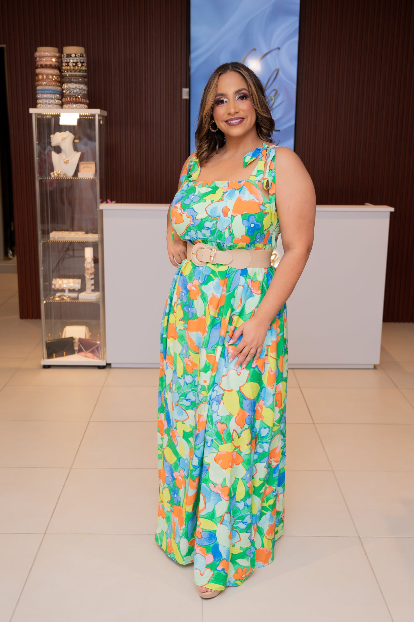 Green Floral Square Neck Maxi Dress