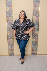 Black Puff Sleeve Polka Dots Top