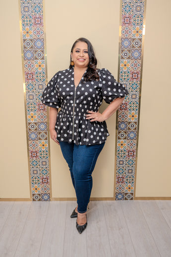 Black Puff Sleeve Polka Dots Top
