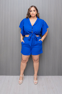Royal Blue Button Down Blouse with Shorts Set