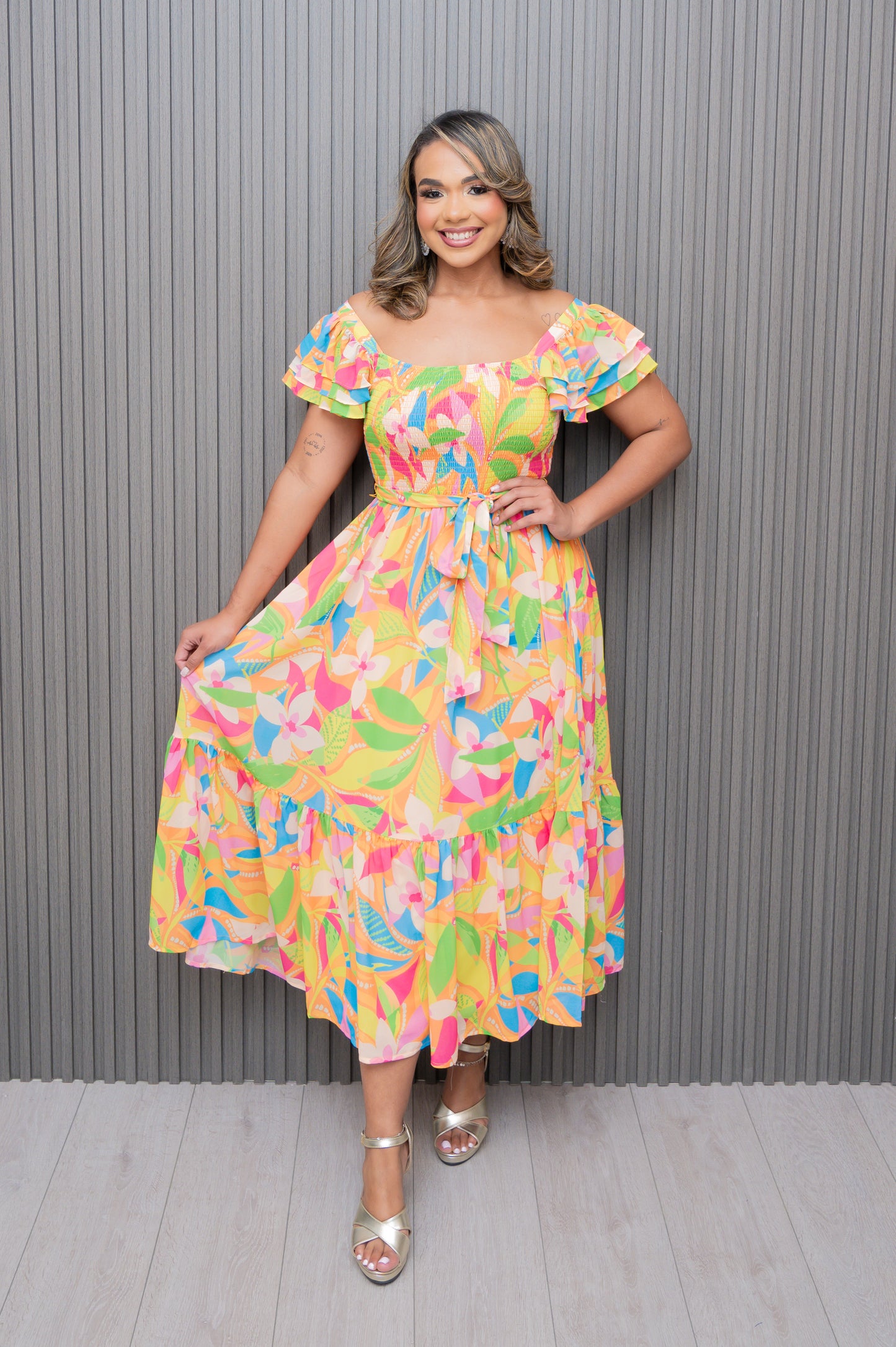 Orange/Green Floral Smocked Bodice Maxi Dress