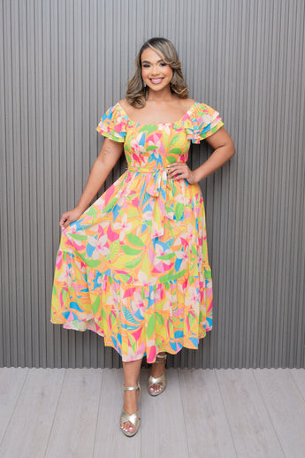 Orange/Green Floral Smocked Bodice Maxi Dress