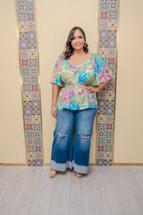 Green Printed Flutter Slv Top