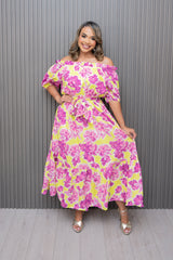 Lemon/Pink Floral Off Shoulder Maxi Dress