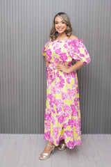 Lemon/Pink Floral Off Shoulder Maxi Dress