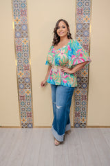 Green Printed Flutter Slv Top