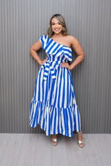 Blue One Shoulder Stripes Maxi Dress with Belt