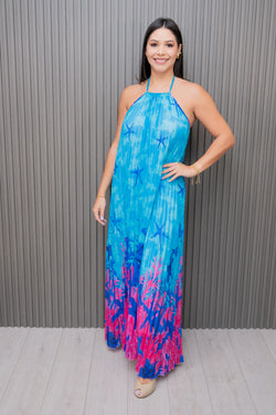 Ocean Blue Pleated Maxi Dress