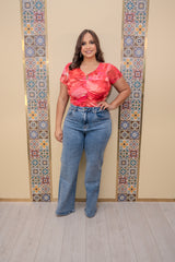 Coral Mesh Ruched Top
