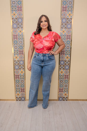 Coral Mesh Ruched Top