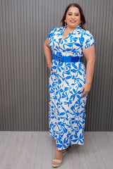 Royal Blue Puff Sleeve Printed Maxi Dress