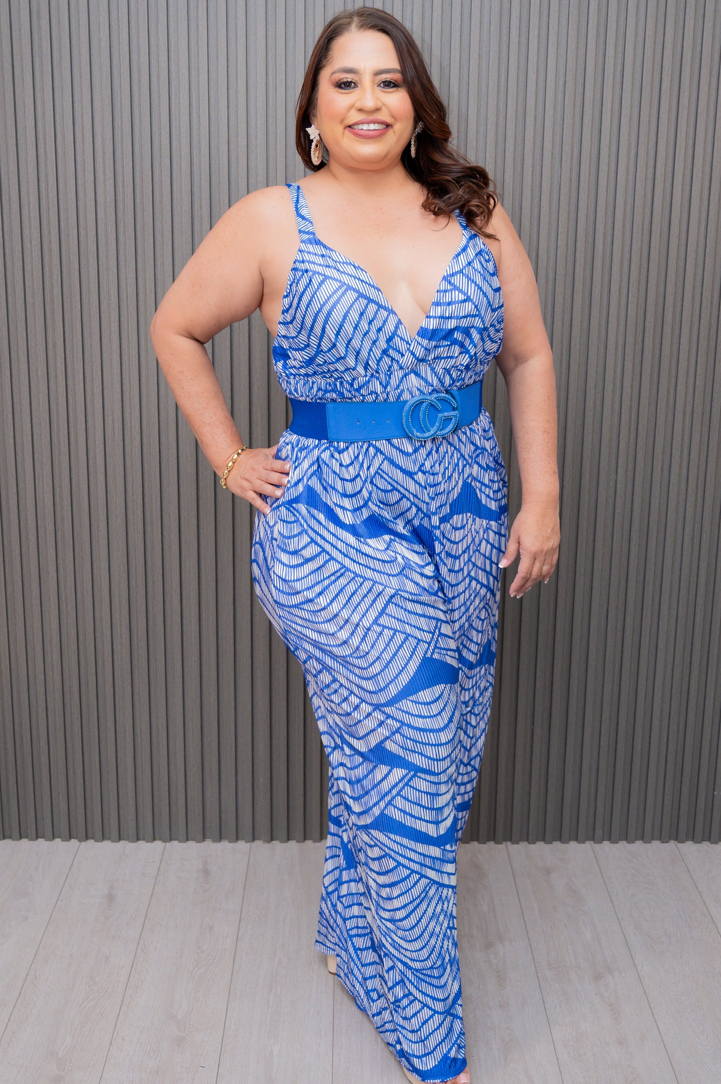 Blue Pleated Printed Wide Leg Jumper