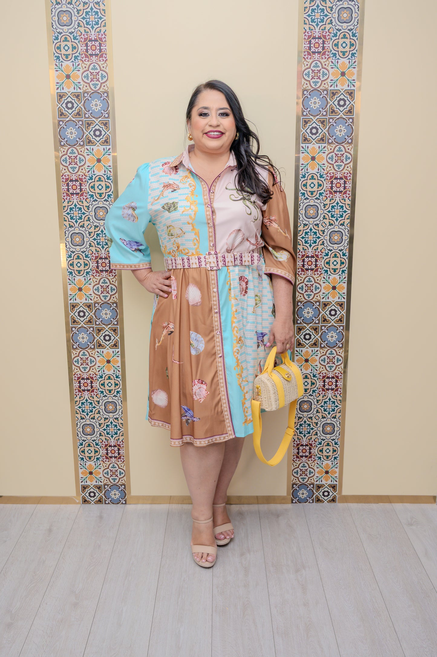Brown Printed Belted Dress