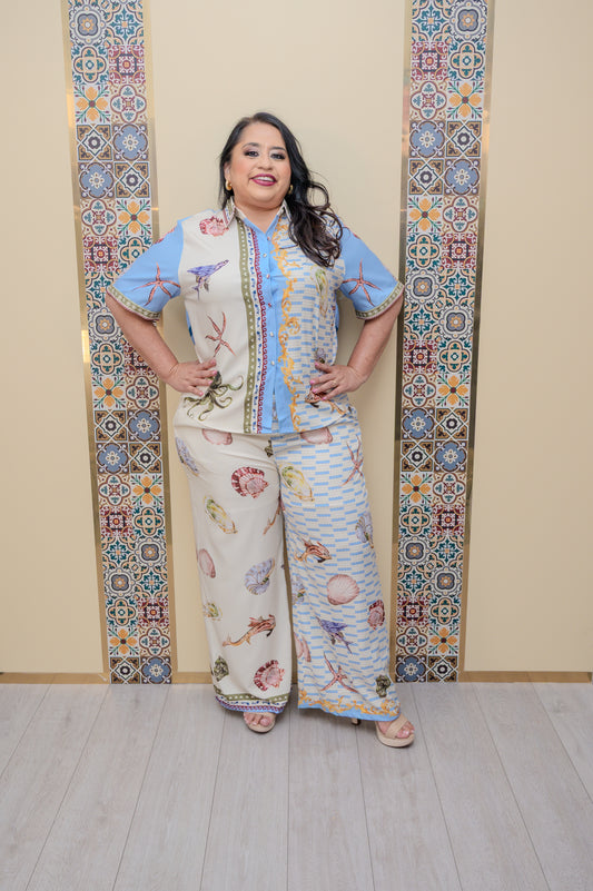 Blue Tropical Pants Set