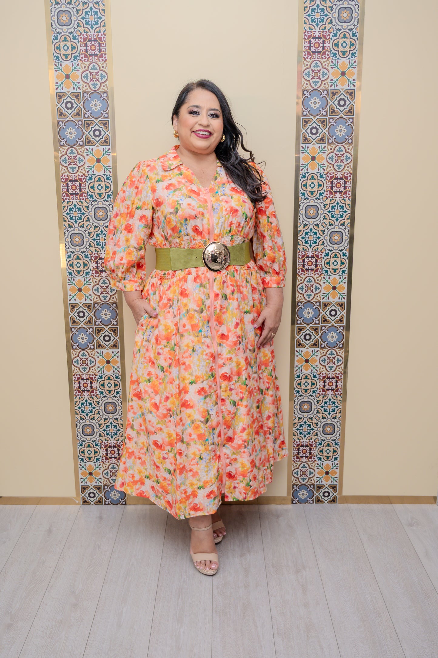 Peach Floral Midi Dress