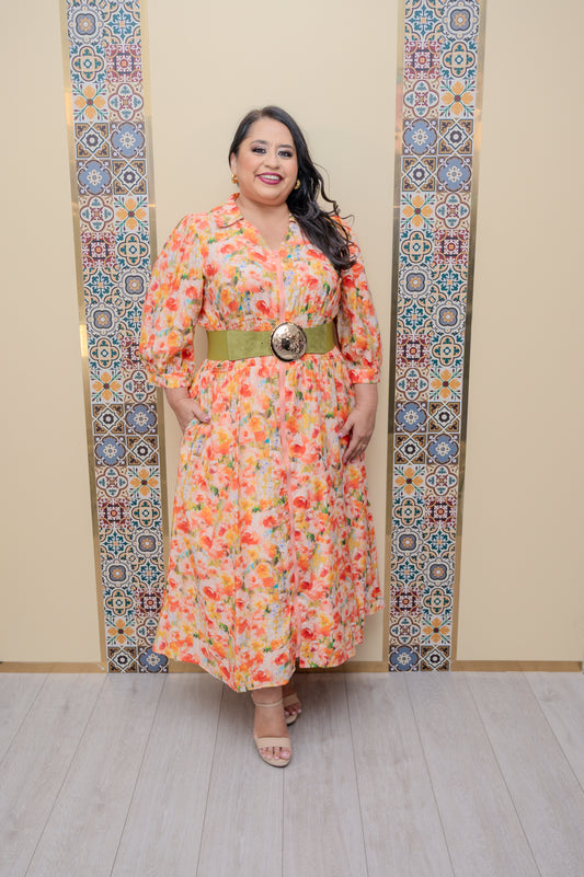 Peach Floral Midi Dress