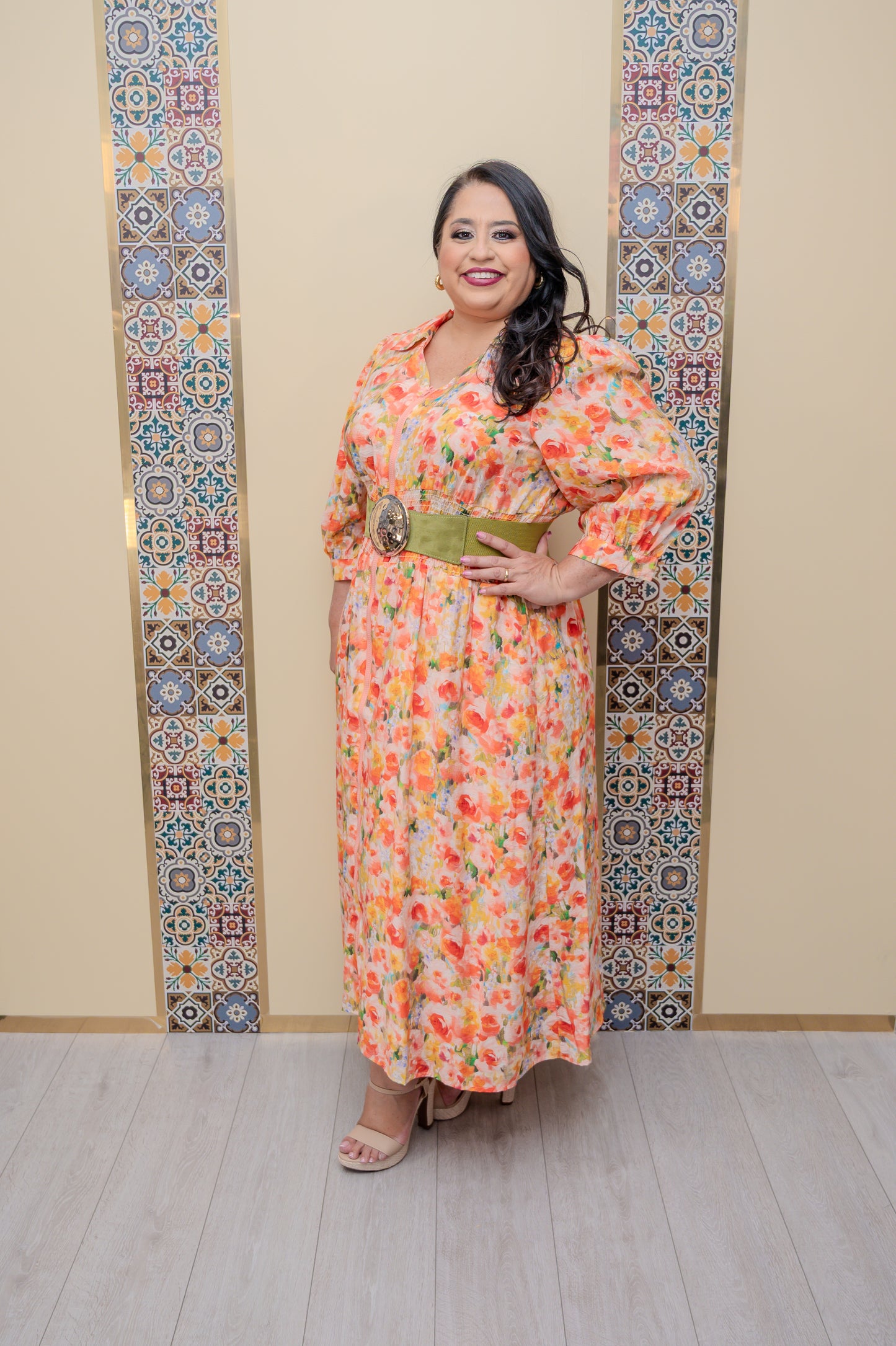 Peach Floral Midi Dress