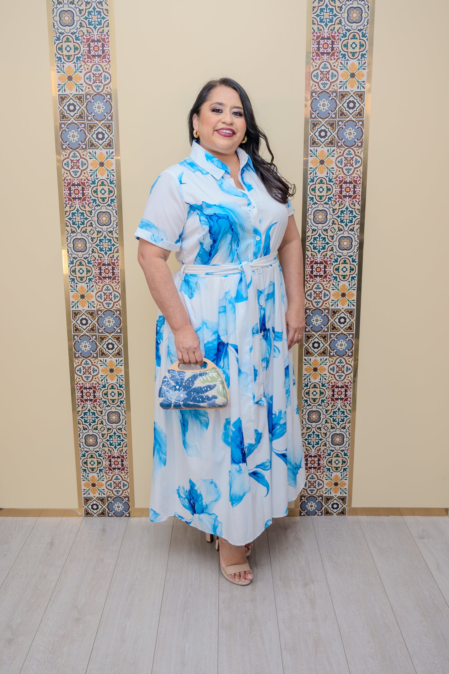 Blue Printed Belted Midi Dress