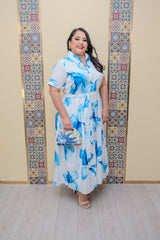 Blue Printed Belted Midi Dress