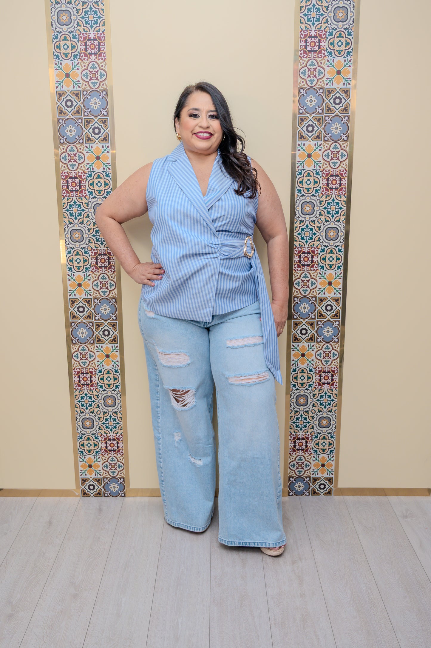 Blue Side Buckle Blouse