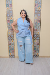 Blue Side Buckle Blouse