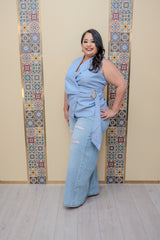 Blue Side Buckle Blouse