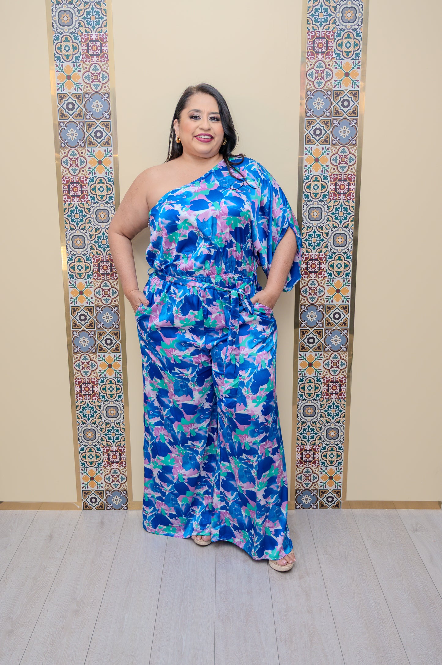 Blue Floral One Shoulder Jumper