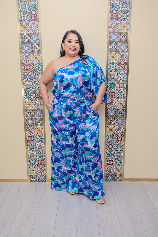 Blue Floral One Shoulder Jumper