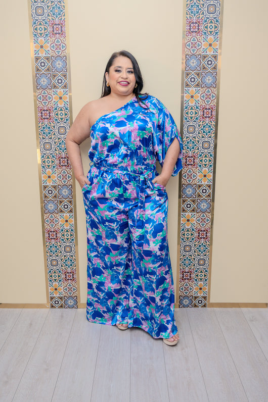 Blue Floral One Shoulder Jumper