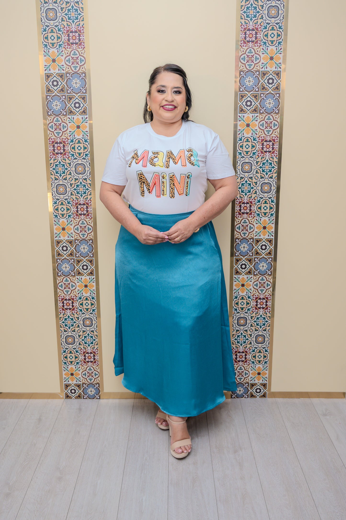 Teal Satin Midi Skirt