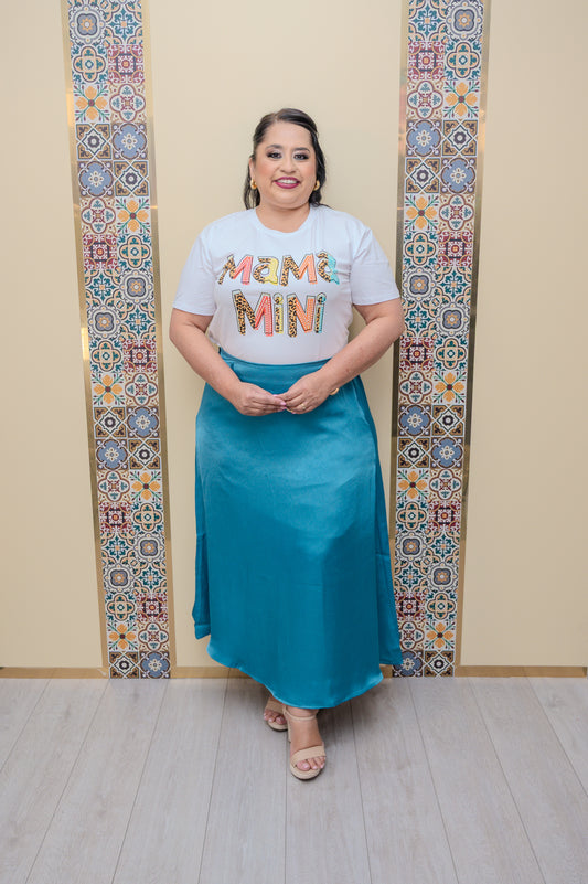 Teal Satin Midi Skirt