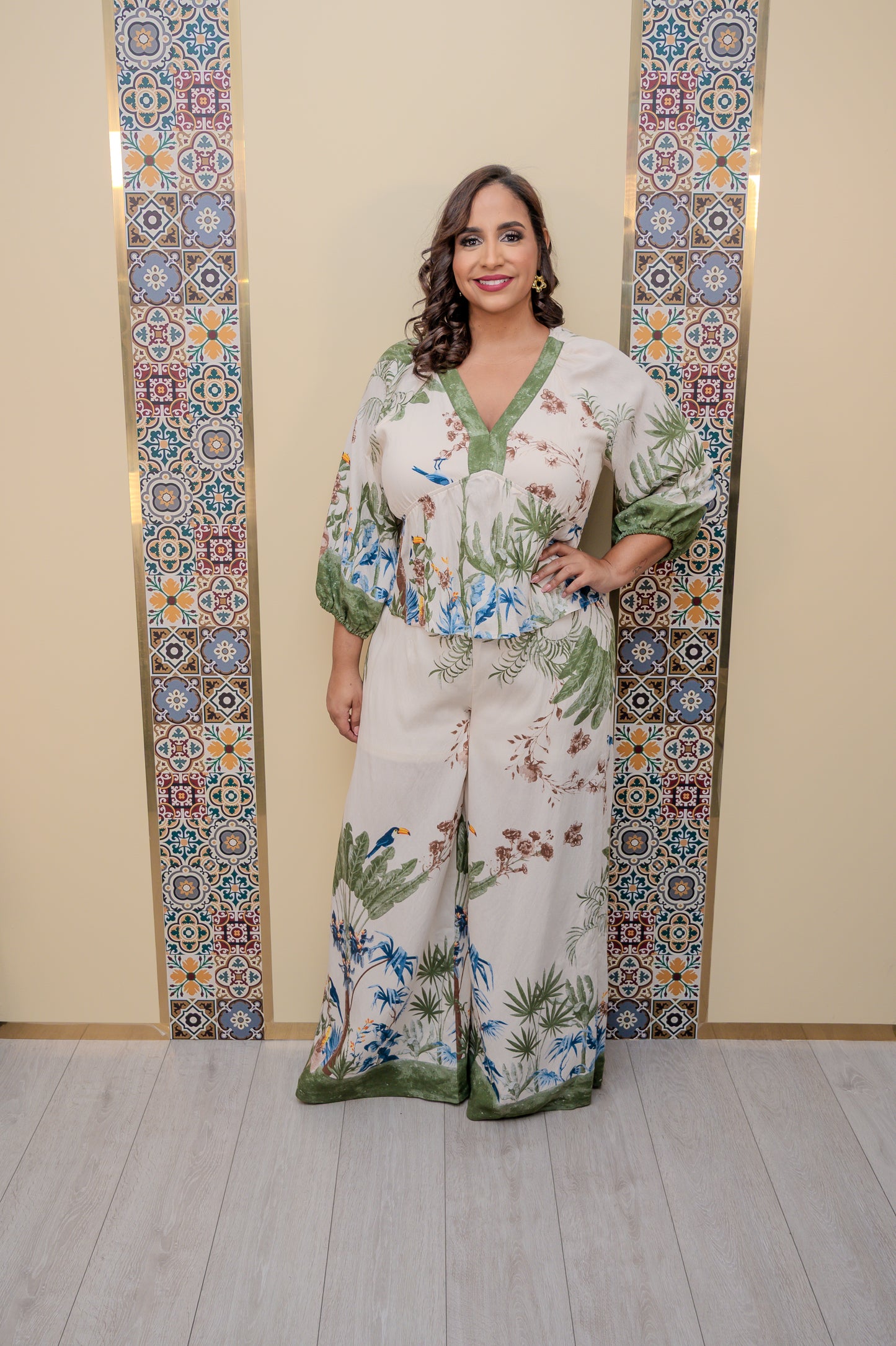 Cream/Green Pants Set