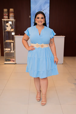 Blue Ruffle Short Sleeve Tiered Dress