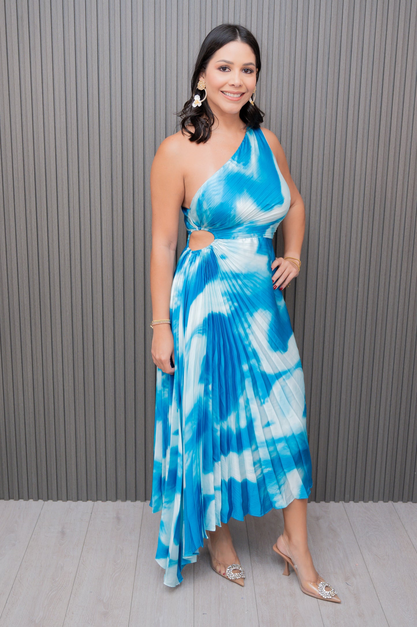 Blue Printed Slash Shoulder Pleated Dress