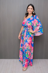 Blue/Pink Floral One Shoulder Maxi Dress