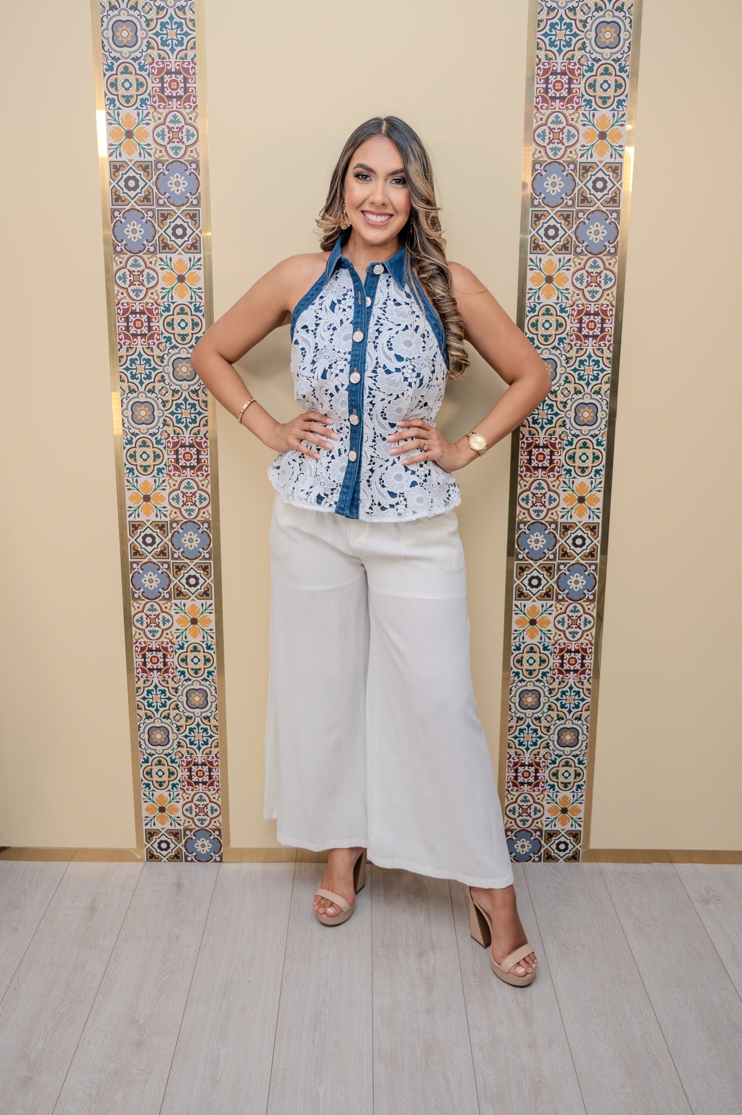Navy Floral Lace Halter Top