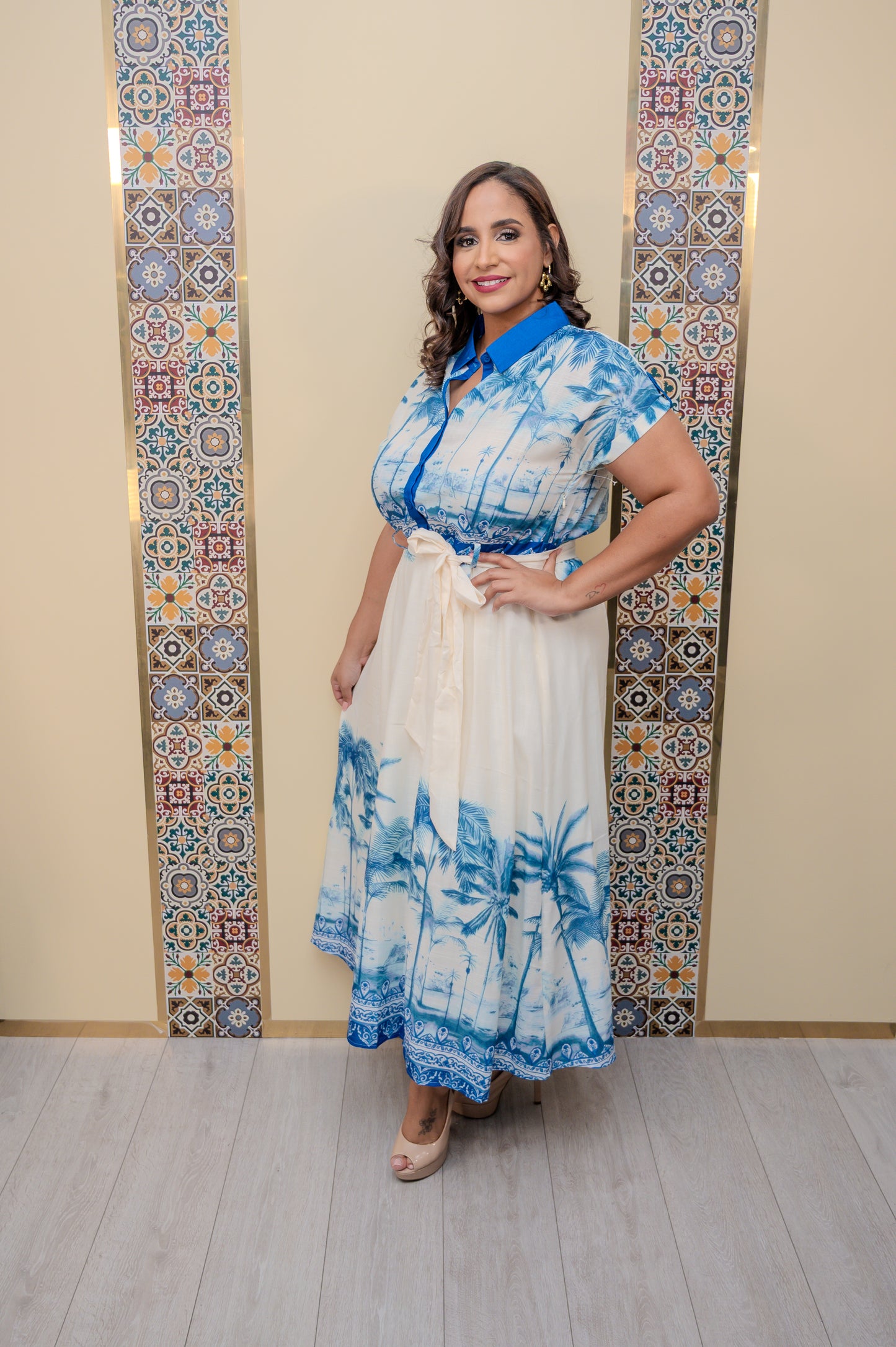 Blue Printed Midi Dress