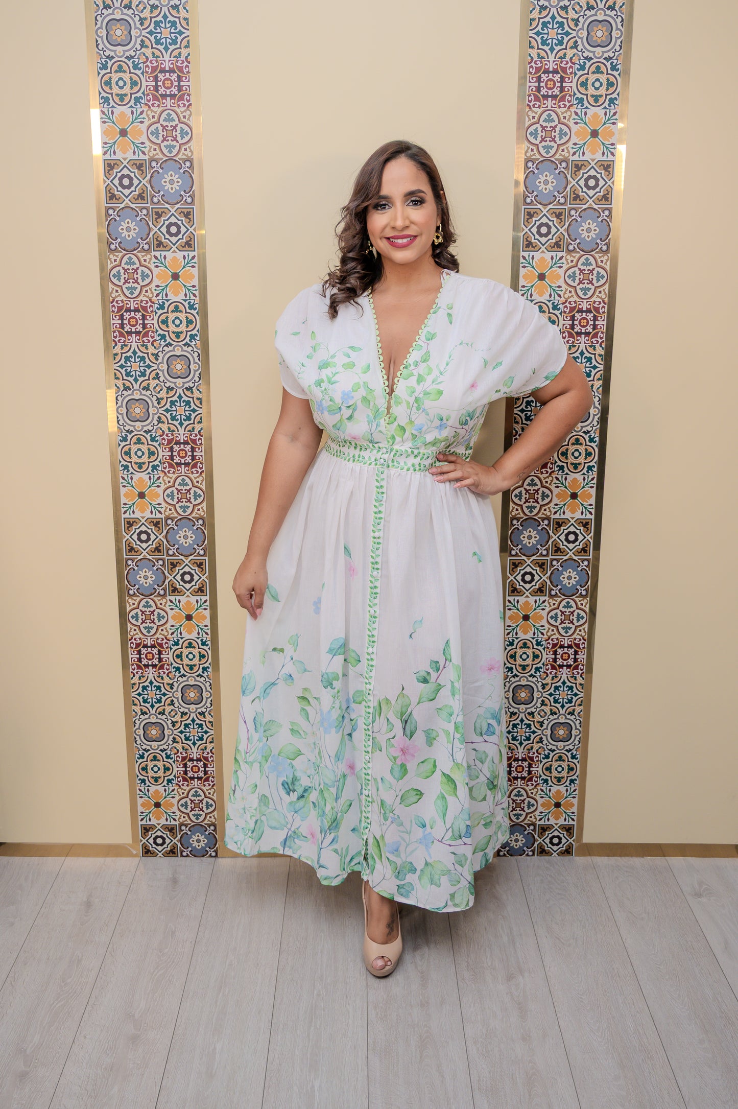 Ivory/Green Drop Shoulder Dress