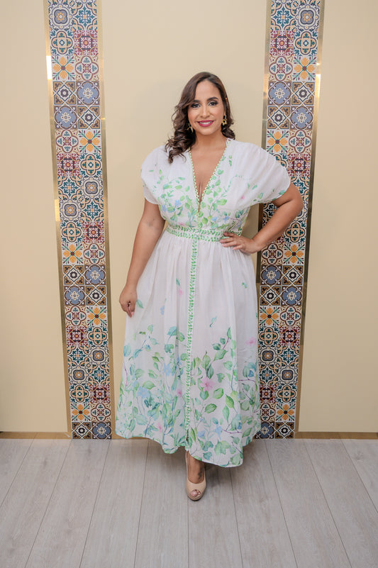 Ivory/Green Drop Shoulder Dress