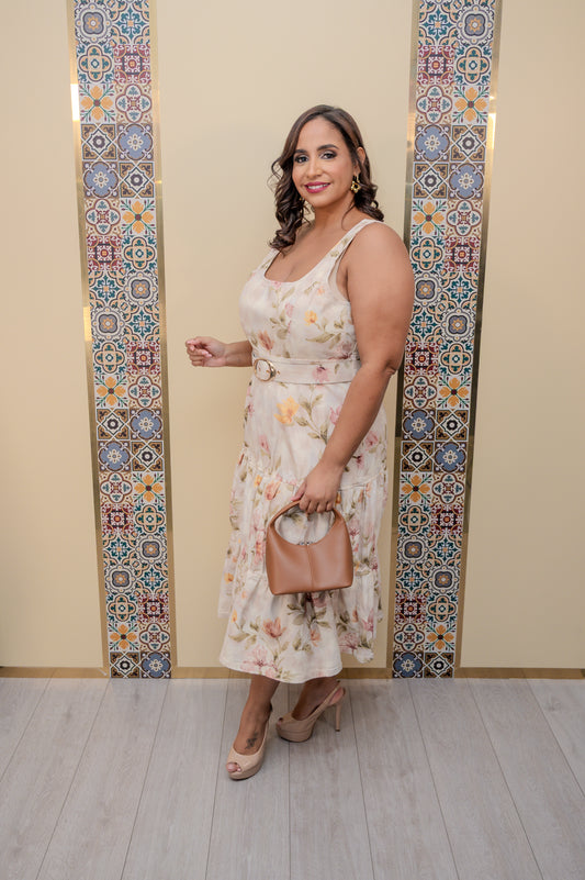 Beige Denim Belted Dress