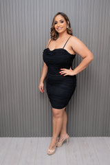 Black Mesh Ruched Dress with Pearls