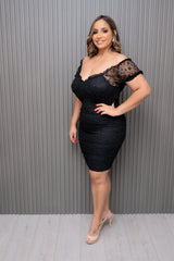 Black Lace Ruched Dress