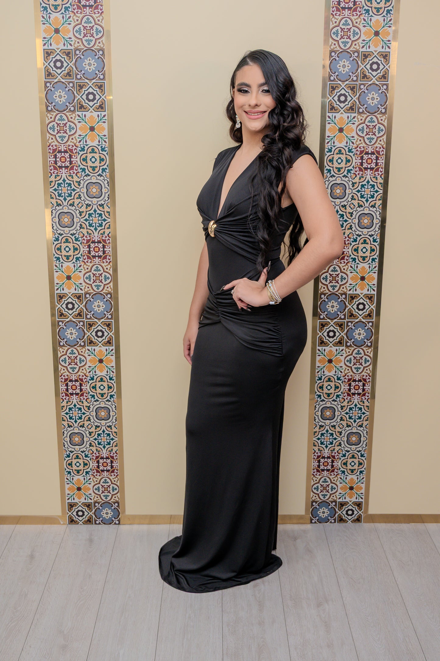 Black Maxi Dress with Gold Trim
